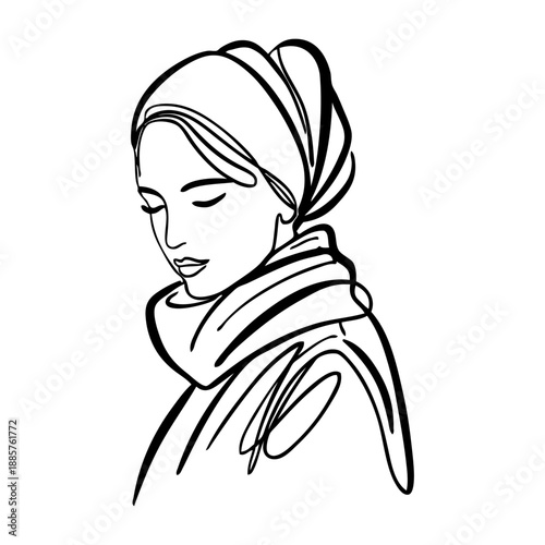 Dibujo sencillo con única línea de la cabeza de una mujer musulmana con un pañuelo tapando el cabello 