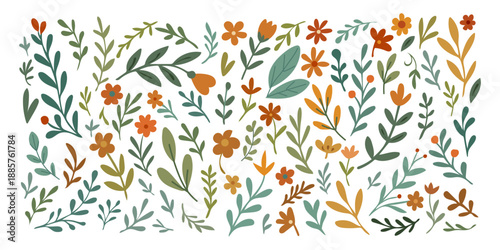 Modern botanical clipart set with hand-drawn leaves and flowers in warm earthy tones. Trendy vector elements for branding, packaging, stationery, social media, textiles, and surface design