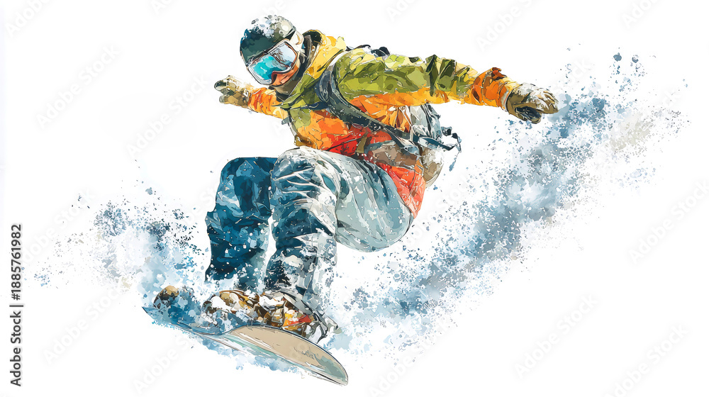 Obraz premium A dynamic snowboarder dressed in vibrant gear leaps off a slope, snow swirling dramatically around him, showcasing his adventurous spirit in winter sports