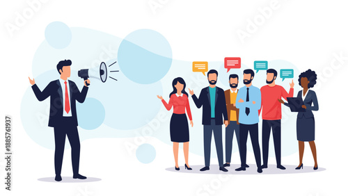 Professional man in a suit speaking through a megaphone to a group of people representing public announcements and leadership messages.