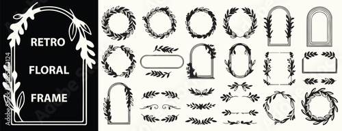 Set of retro floral frames, wreaths, borders, and decorative elements for wedding invitations, branding, and design projects