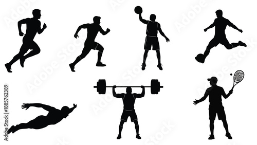 Various athletic figures in dynamic poses presented as a silhouette