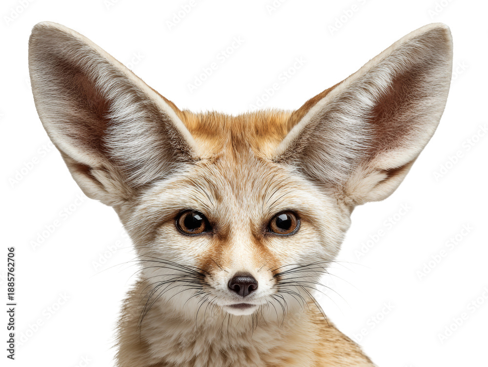 Obraz premium An adorable Fennec Fox, showcasing its large ears, looking directly at the camera. The fox has a light brown coat and captivating eyes. Isolated Transparent Background, PNG