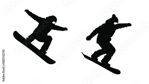 Two snowboarders in mid air dynamic pose black and white silhouette