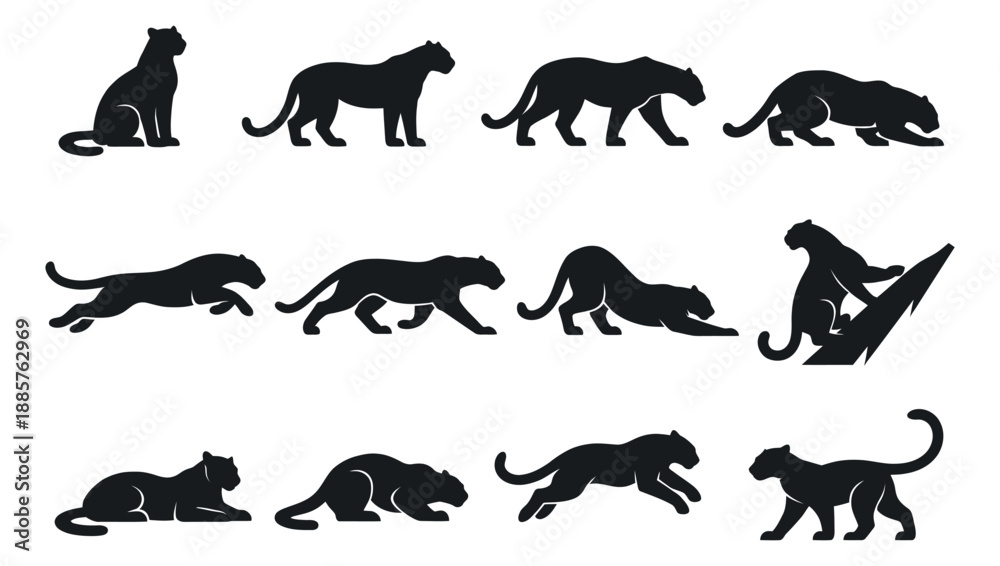 Fototapeta premium Black silhouette panther set featuring panthers in various poses for wildlife and animal design
