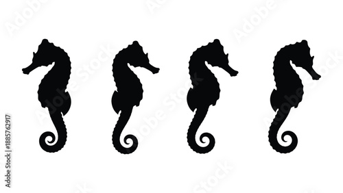 Four seahorses in a row a striking black shape silhouette