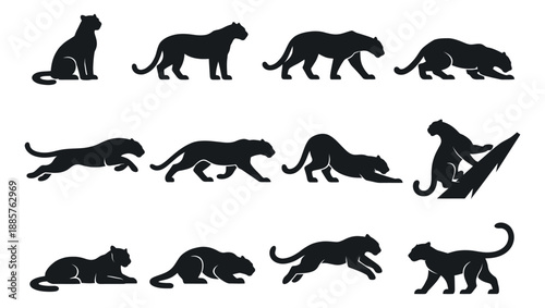 Black silhouette panther set featuring panthers in various poses for wildlife and animal design