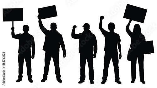 Protesting group raising signs in a striking black silhouette