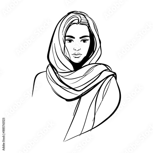 Dibujo sencillo con líneas de la cabeza de una mujer musulmana con un pañuelo tapando el cabello