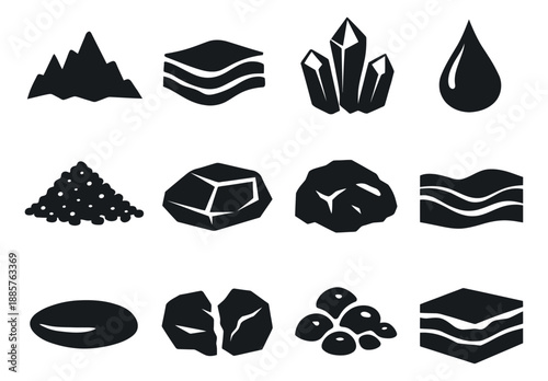 Silhouette geological elements set featuring various rock formations, minerals, and earth resources for science and industry