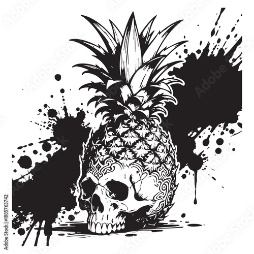 Edgy Pineapple Skull with Ink Splatter - Unique Graphic Design