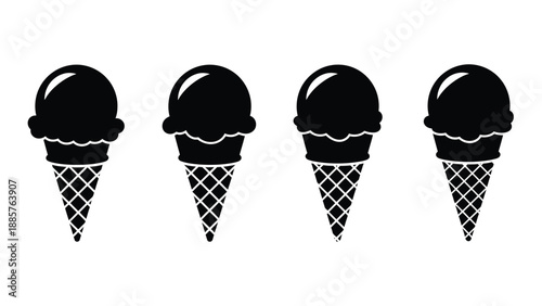 Four black ice cream cones in a row simple graphic silhouette
