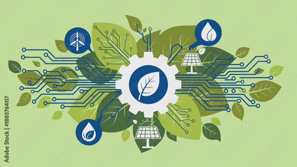 Fototapeta premium Green Technology Concept with Circuit Board, Leaves, and Eco Energy Icons on Light Green Background