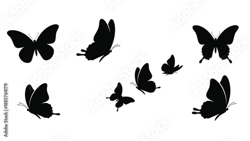 A collection of black butterfly shapes against a white background silhouette
