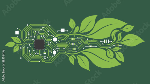 Green Technology Concept with Circuit Board Integrated into Natural Leaves on Dark Green Background