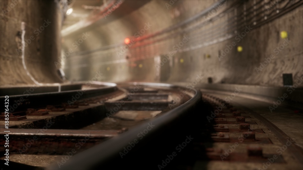Obraz premium Shadows dance along the curved tracks of a subway tunnel, where ambient lights flicker in the distance. Rust and history blend in this quiet, hidden world beneath the city.