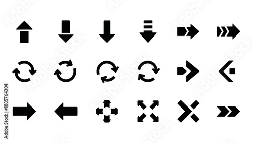 Comprehensive set of black arrow and navigation icons for user interface and web design on an isolated white background.