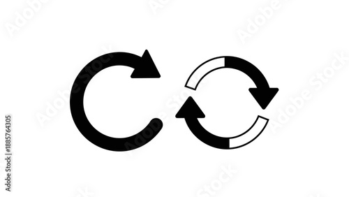 Two black refresh and reload circular arrow icons, representing repetition and update, on an isolated white background.