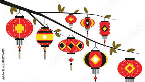 Traditional Chinese lanterns hanging from a tree branch, illuminated for festive celebrations, on an isolated white background.