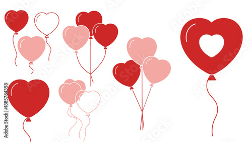Various red and pink heart-shaped balloons, some with heart cut-outs, floating joyfully on an isolated white background.