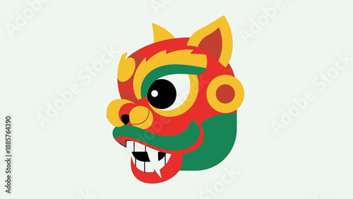 Colorful traditional Chinese lion dance head in a bright studio, representing cultural celebration and power.
