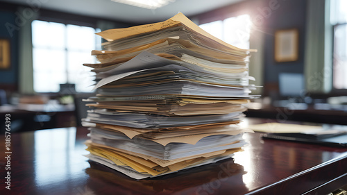 Overstuffed stack of legal documents and paperwork piled high on a polished dark wood desk in a vintage office with sunbeams streaming through large windows conveying overwhelm