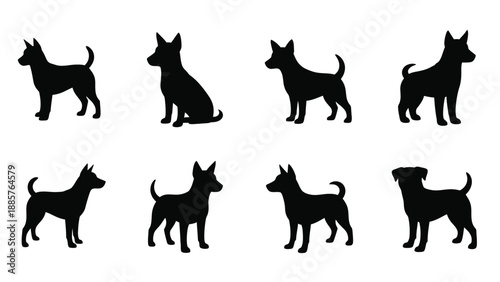 Collection of various dog breed silhouettes in a simple design silhouette