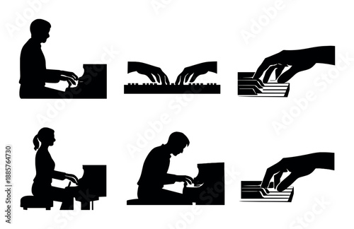 Silhouette illustration of people typing on keyboards and using computers from various angles