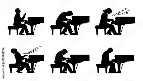 Silhouette illustrations of six pianists in various artistic poses