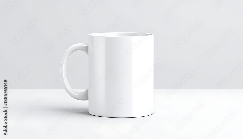 Fototapeta premium White ceramic mug on a white surface, minimalist style.