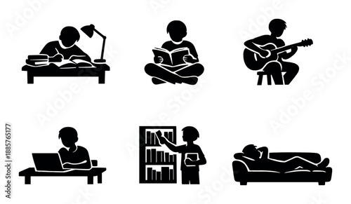 Minimalistic black-and-white drawing of a person relaxing with a book