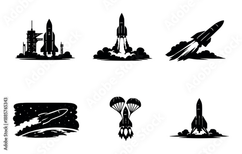 Silhouettes of rocket launch in various phases against night sky