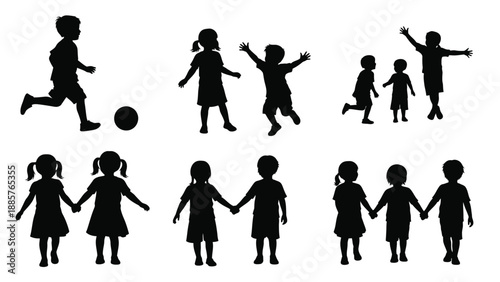 A collection of black silhouettes depicting children playing and holding hands silhouette