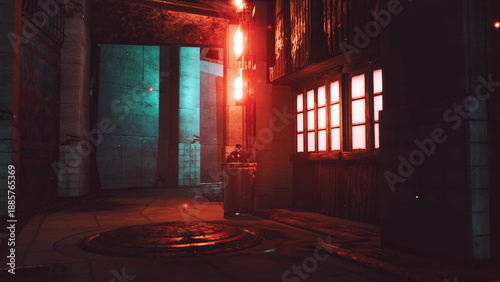 A narrow urban alley glows with neon lights at night. Windows emit a warm glow while shadows dance along the damp pavement, creating an eerie yet enchanting setting.