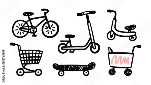 Diverse Transport Collection: A playful sketch showcases various modes of transportation, from bicycles and scooters to skateboards and shopping carts.