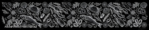 Panel kuchenny z motywem Seamless Seafood Border Illustration with Lobster Fish and Scallops on Black Chalkboard Background