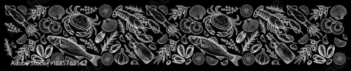 Obraz  z motywem Seamless Seafood Border Illustration with Lobster Fish and Scallops on Black Chalkboard Background