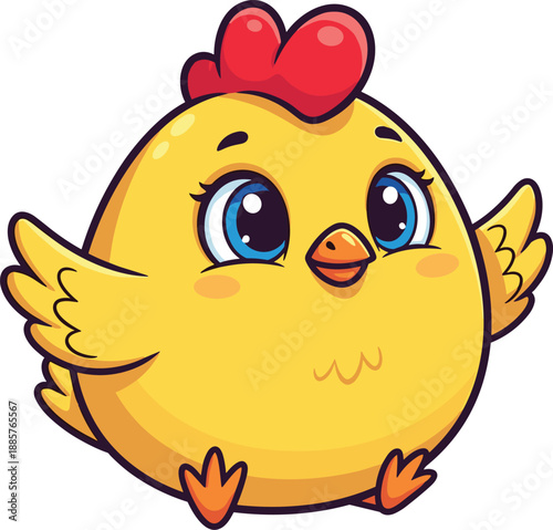 Cartoon yellow chick with blue eyes and red comb in playful pose, cheerful animal character illustration, transparent background graphic