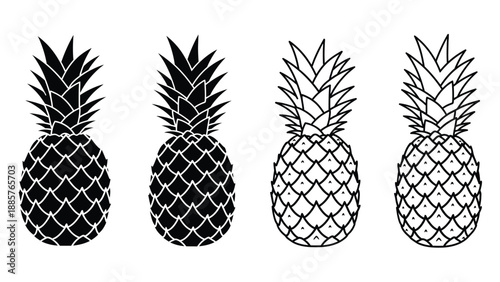 Four pineapple illustrations in varying degrees of detail silhouette