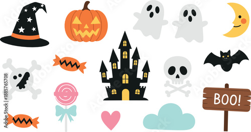 Cute Halloween icon illustration set with pumpkins, ghosts, haunted castle, bats, candy, skulls, and spooky party symbols in playful flat vector style