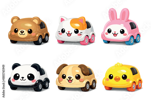 Cute animal toy cars collection with bear, cat, bunny, panda, dog, chick