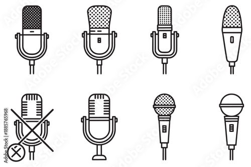 A collection of various microphone icons in black and white