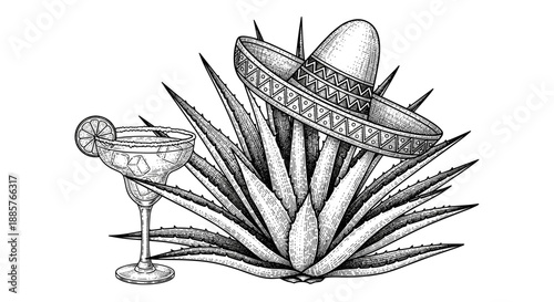 Horizontal Tequila Theme Agave and Sombrero Illustration