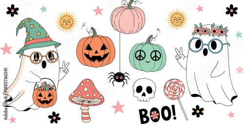 Cute Halloween illustration set with friendly ghosts, pumpkins, skulls, mushrooms, stars, and playful spooky symbols in whimsical pastel flat vector style