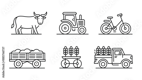 Farm Icons Set: A collection of simple, line-art icons depicting various elements of farm life, conveying rural charm and agricultural themes.