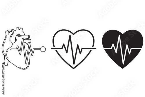 A set of heart and heartbeat medical symbols used for health and wellness concepts