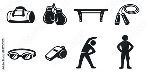 Solid silhouette fitness icons set featuring sports equipment and workout figures for gym, training, and active lifestyle