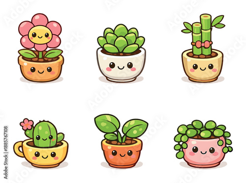 Cute cartoon potted plants with smiling faces and bright colors