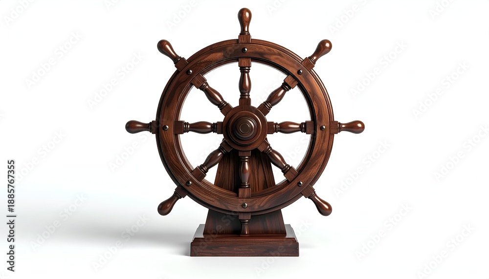 Fototapeta premium Wooden ship's wheel isolated on white background, casting a shadow