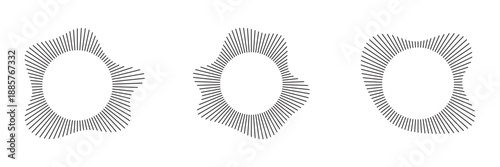 Circular sound waves, depicting audio music, round symbols of voice, icons and logos for equalizers, radial spectrum designs, ring patterns. Flat vector illustrations isolated on white background.